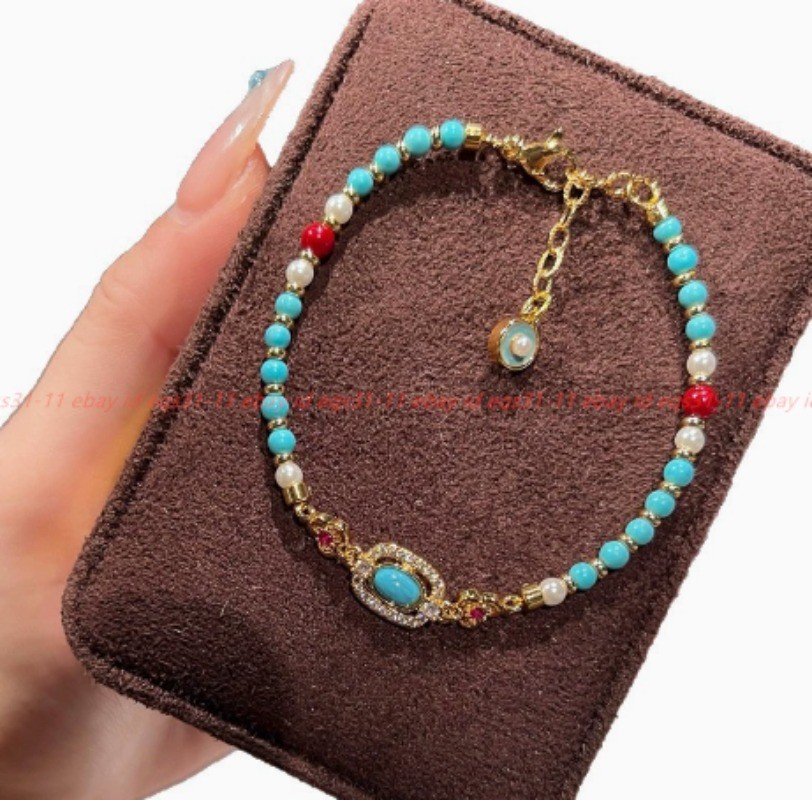 Pretty Natural Blue Turquoise White Shell Pearl Gems Round Beads Bracelet 18cm