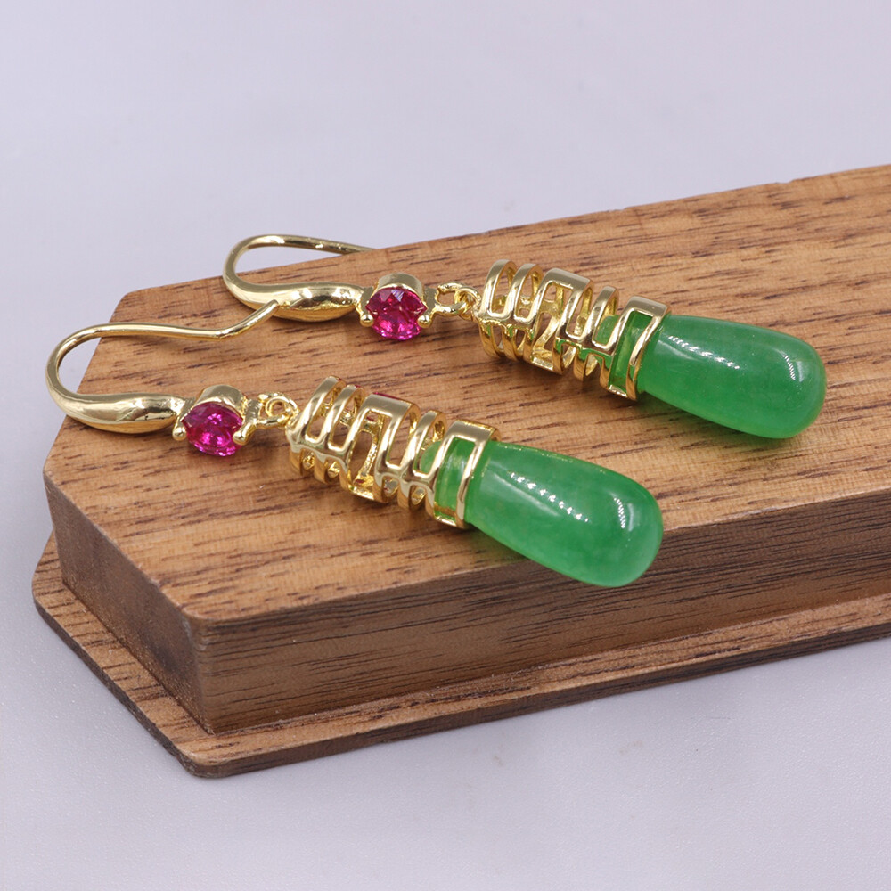 Gold Plated Alloy Heated Green Raindrop Jade Charm Dangle Earrings 40mm H