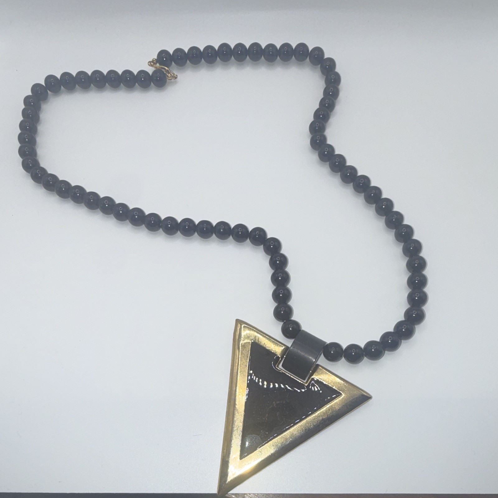 Black Plastic Beaded Ball Chain Necklace Triangle Charm Pendant Lobster