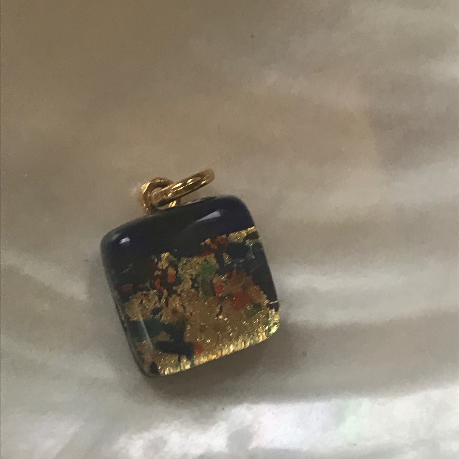 Estate Small Blue Square with Gilt Orange & Yellow Fused Art Glass Pendant – 0.7