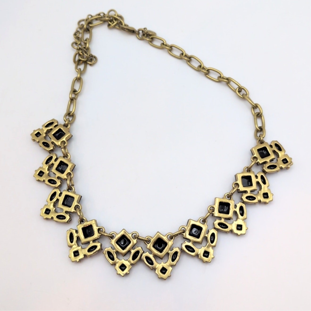 J. Crew Black Crystal Rhinestone Gold Tone Statement Necklace 17in-19.75in