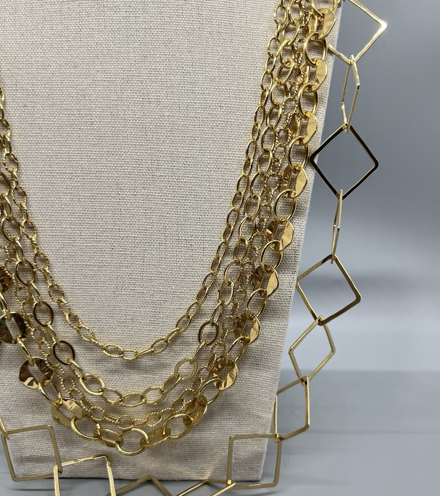 Bold Multi-Strand Gold Tone Statement Necklace Open Geometric Link Layerer