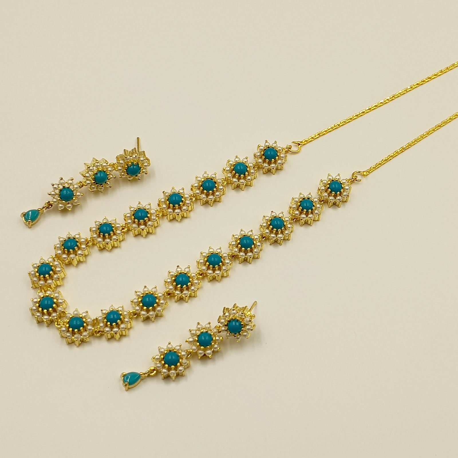 Bohemian Turquoise Pearl Necklace Set 22k Gold Plated Wedding Party Jewelry Gift