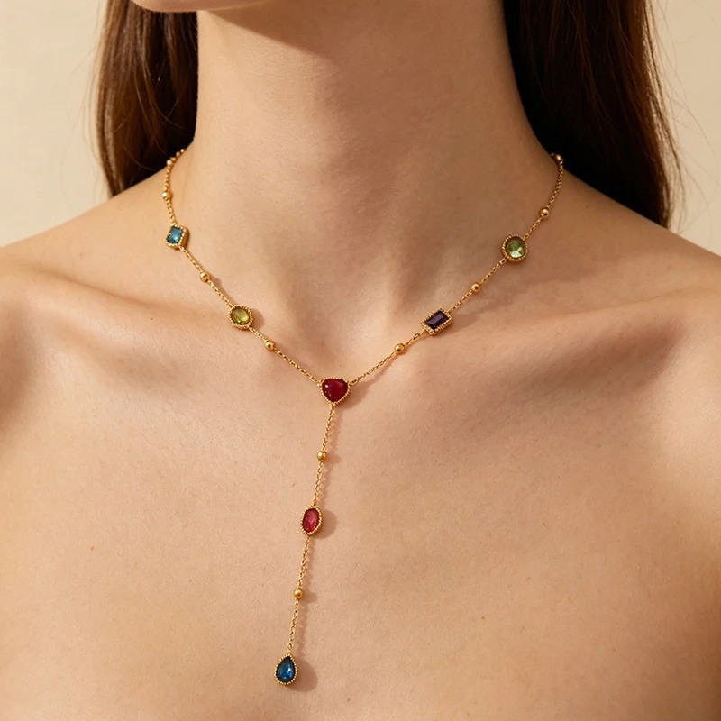 316L Stainless Steel Colored Zircon Necklace Earrings Set Luxury Sparkling Cryst