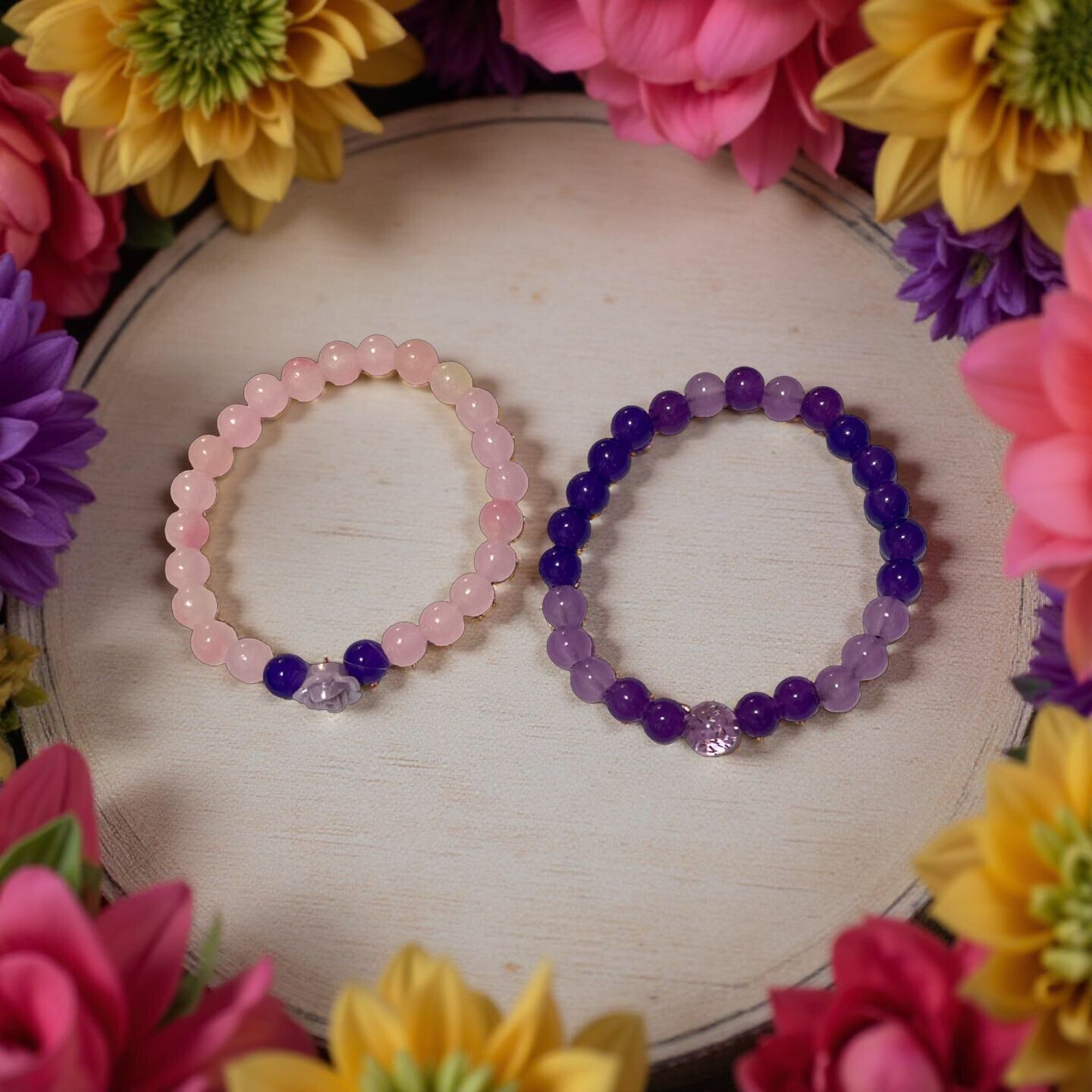 Set of 2 purple and pink handmade 8 mm crystal bracelet for all occasions