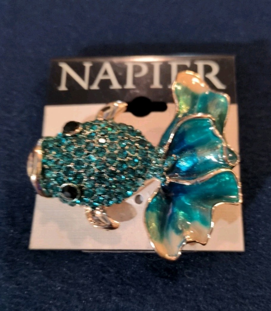 Napier Fancy Koi Gold Fish Brooch Pin Gold Tone Blue Green Rhinestone Enamel 2″
