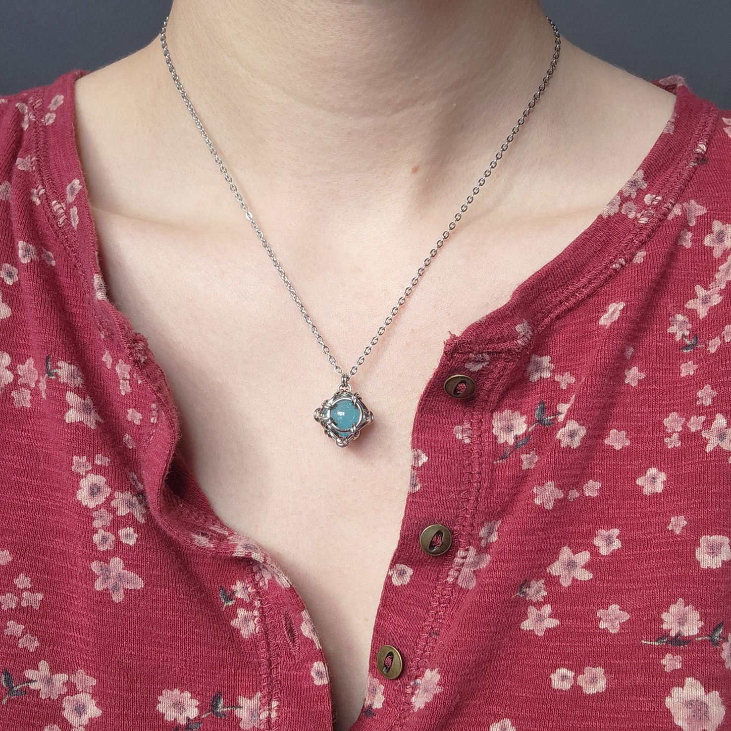 Aqua blue and silver necklace made of stainless steel for women