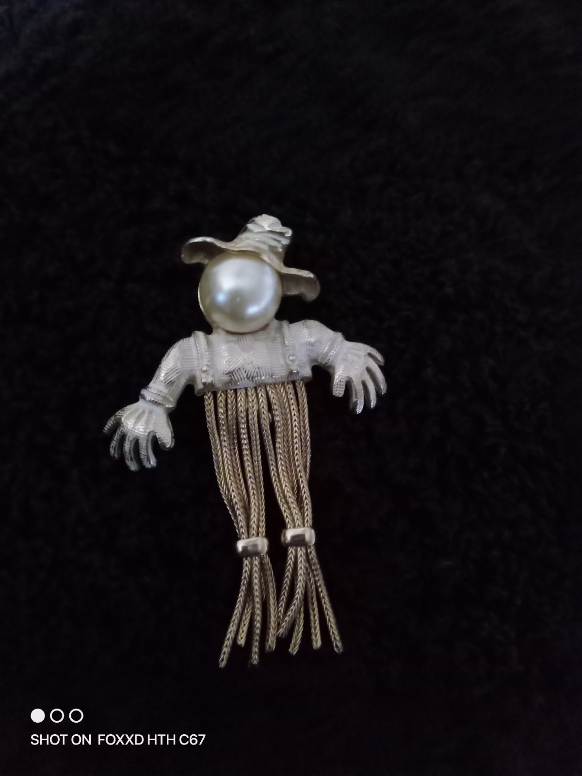 Scarecrow Cowboy Western Dangle Brooch Pin, Gold/Silver Metal, White Pearl