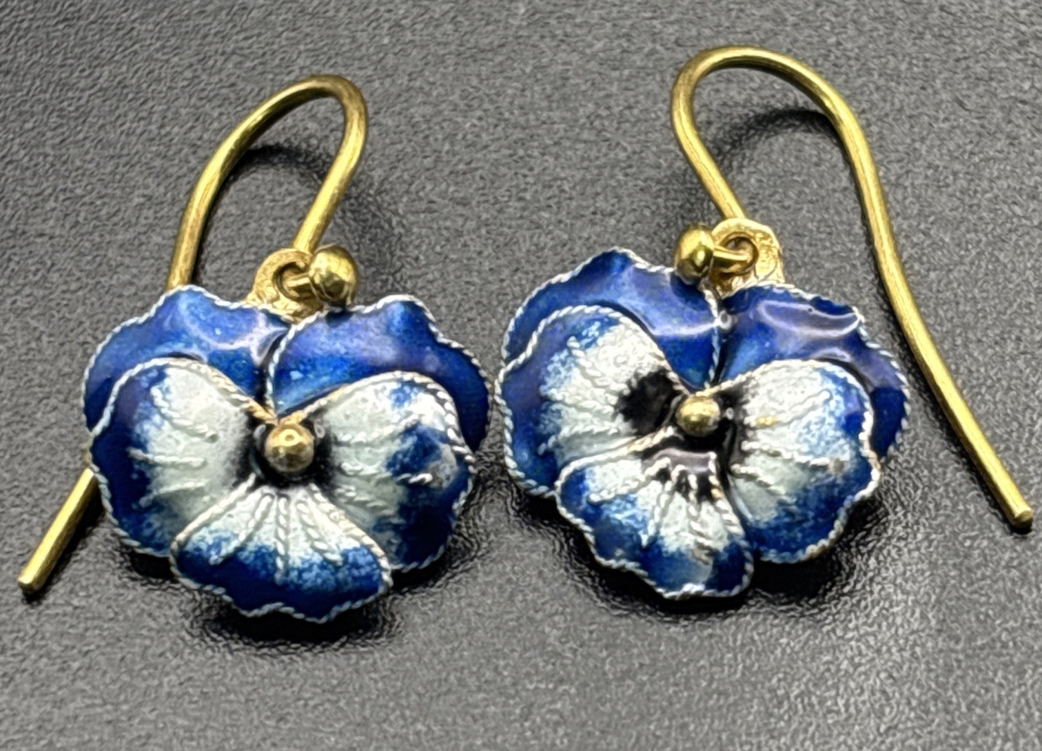 Shashi Earrings Sterling Silver Blue Enamel Gold Wash Pansy Dangle Dainty .75”￼