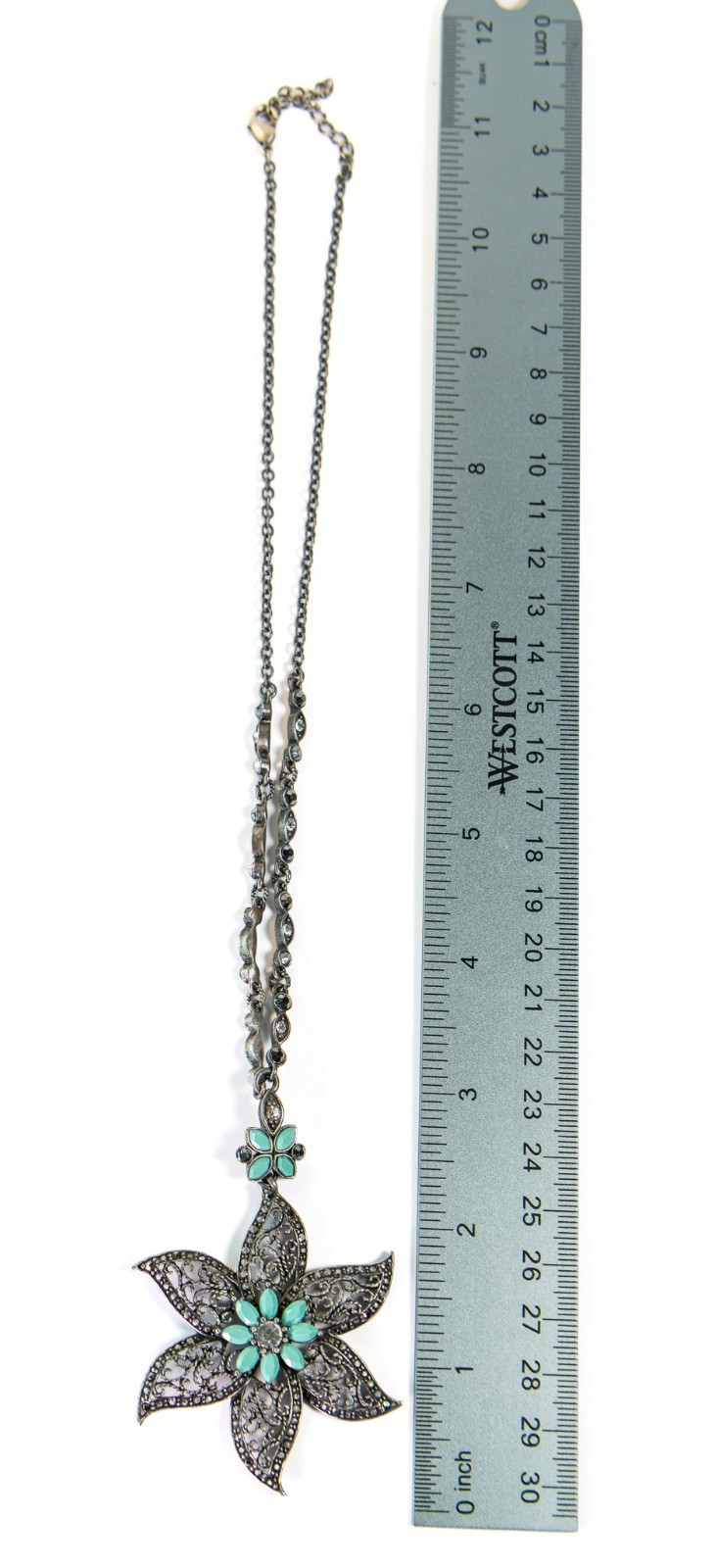 Vintage Style Gunmetal Filigree Flower Pendant Necklace Faux Turquoise Blue 20g