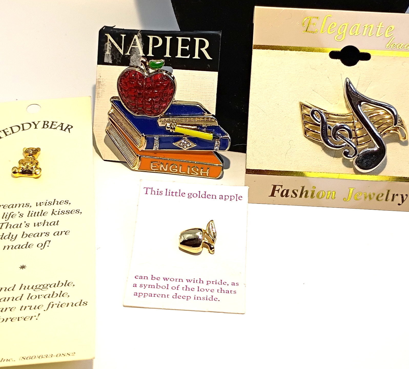 Lot Of 4 Brooch Pins Napier Teacher Appreciation Teddy Bear Music Golden Apple