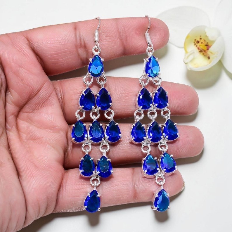 Sterling Silver Tanzanite Chandelier Earrings Faceted Pear Drop Electric Blue