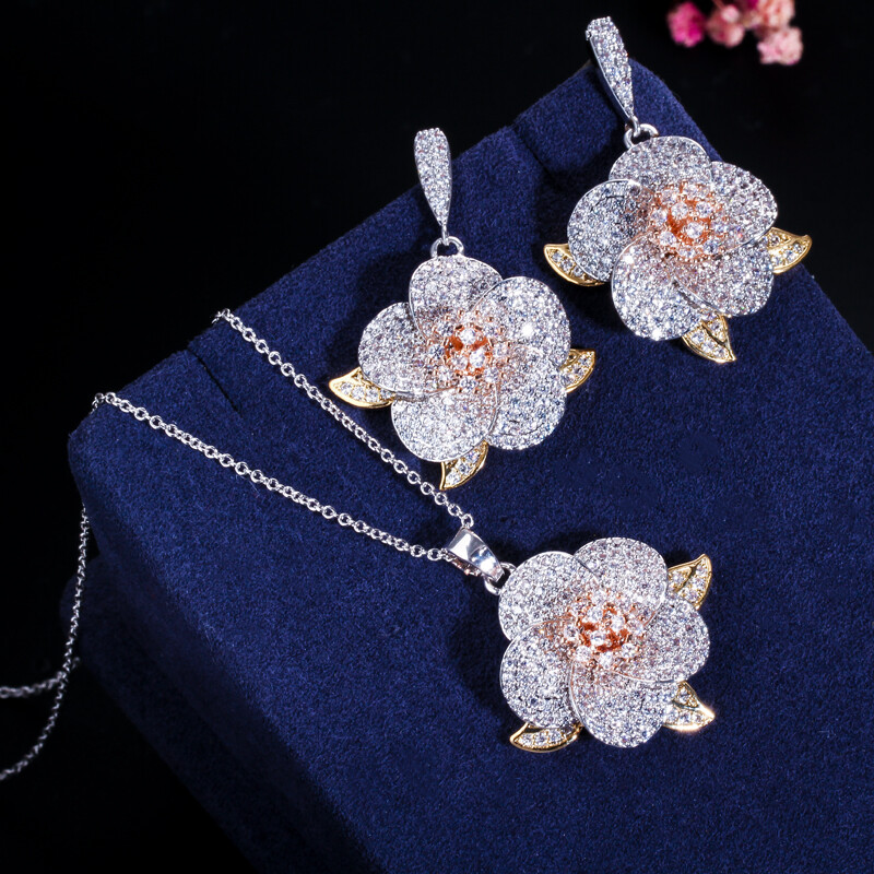 CWWZircons Silver Rose Gold Plated CZ Lady Flower Pendant Necklace Earrings Sets