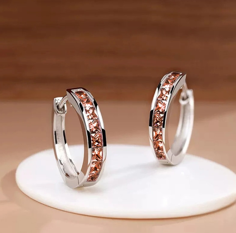 1Pair Princess CZ Hoop Earrings Elegant Women Geometric Jewelry – NEW
