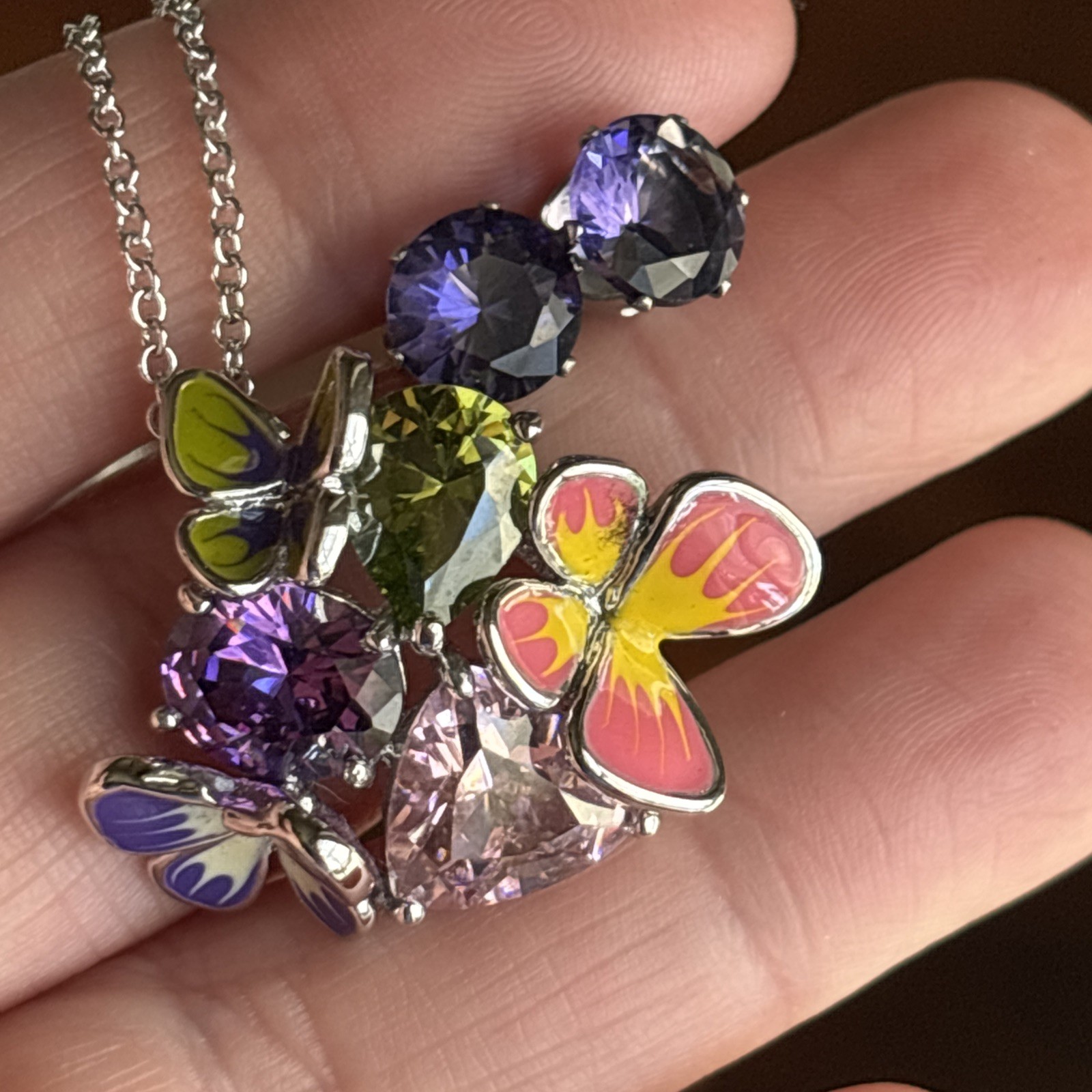 Park Lane Fairytale Pendant 16-18” Silver Tone Purple Pink Green Butterfly & Bns