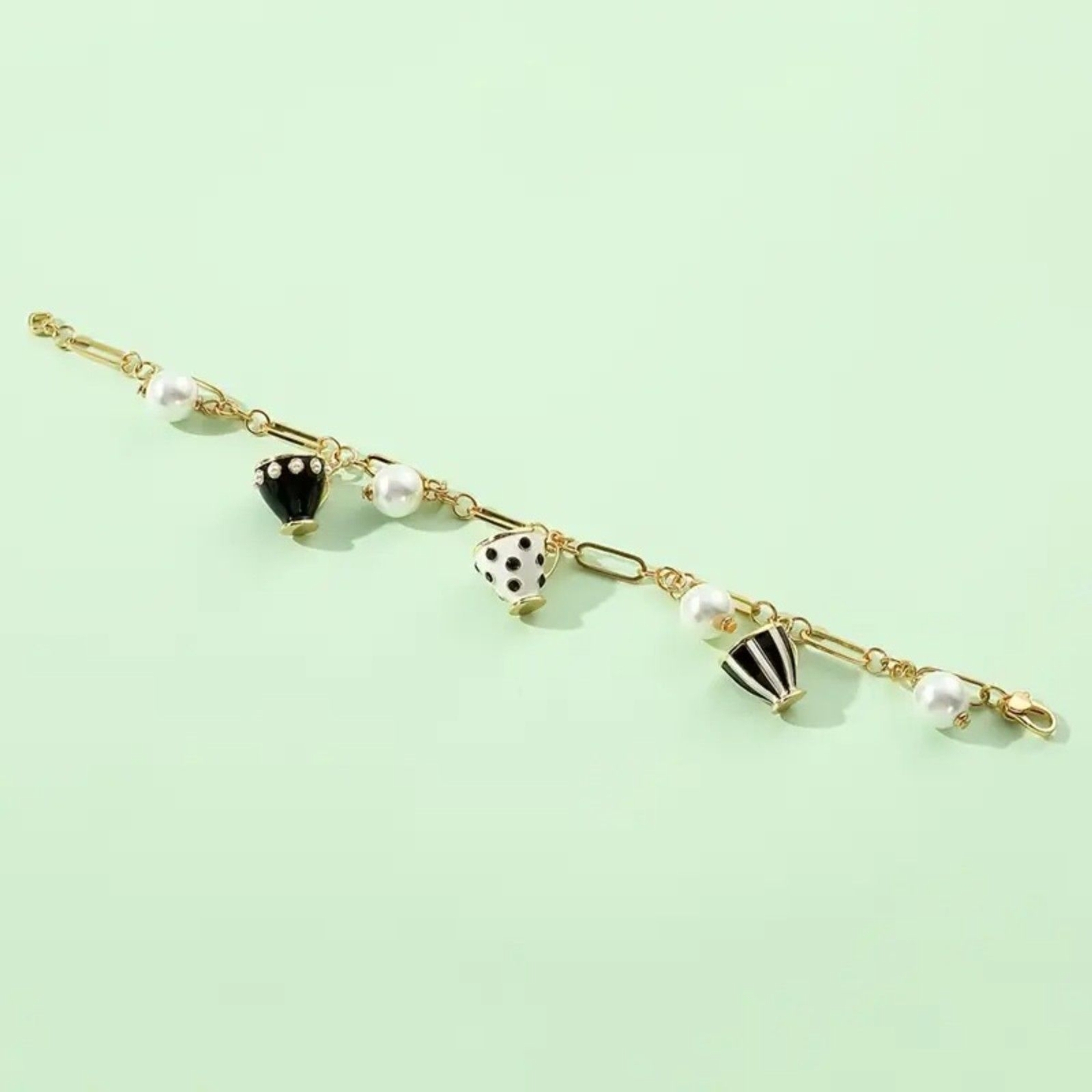 Alice in Wonderland Mad Hatter Tea Party Gold black and white bracelet
