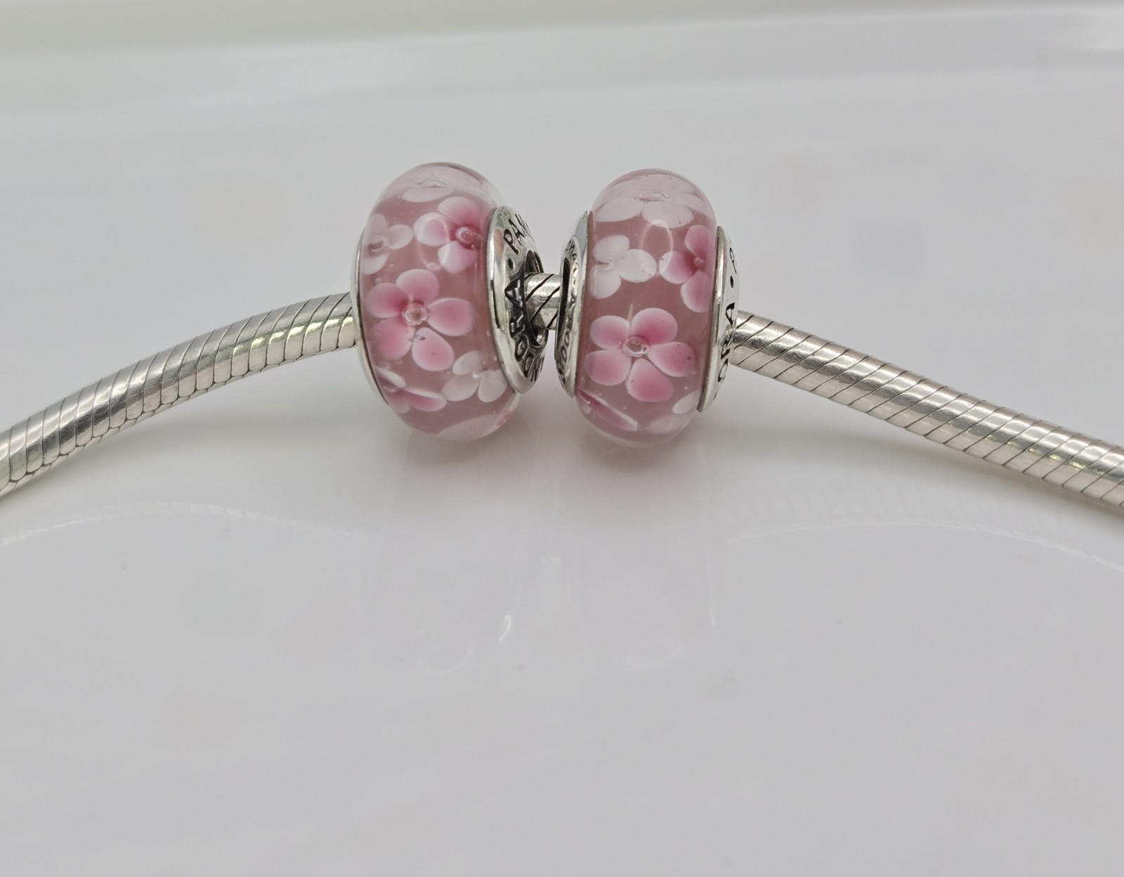 Authentic Pandora Pair of pink flower delicate pink floral Charms Murano Glass