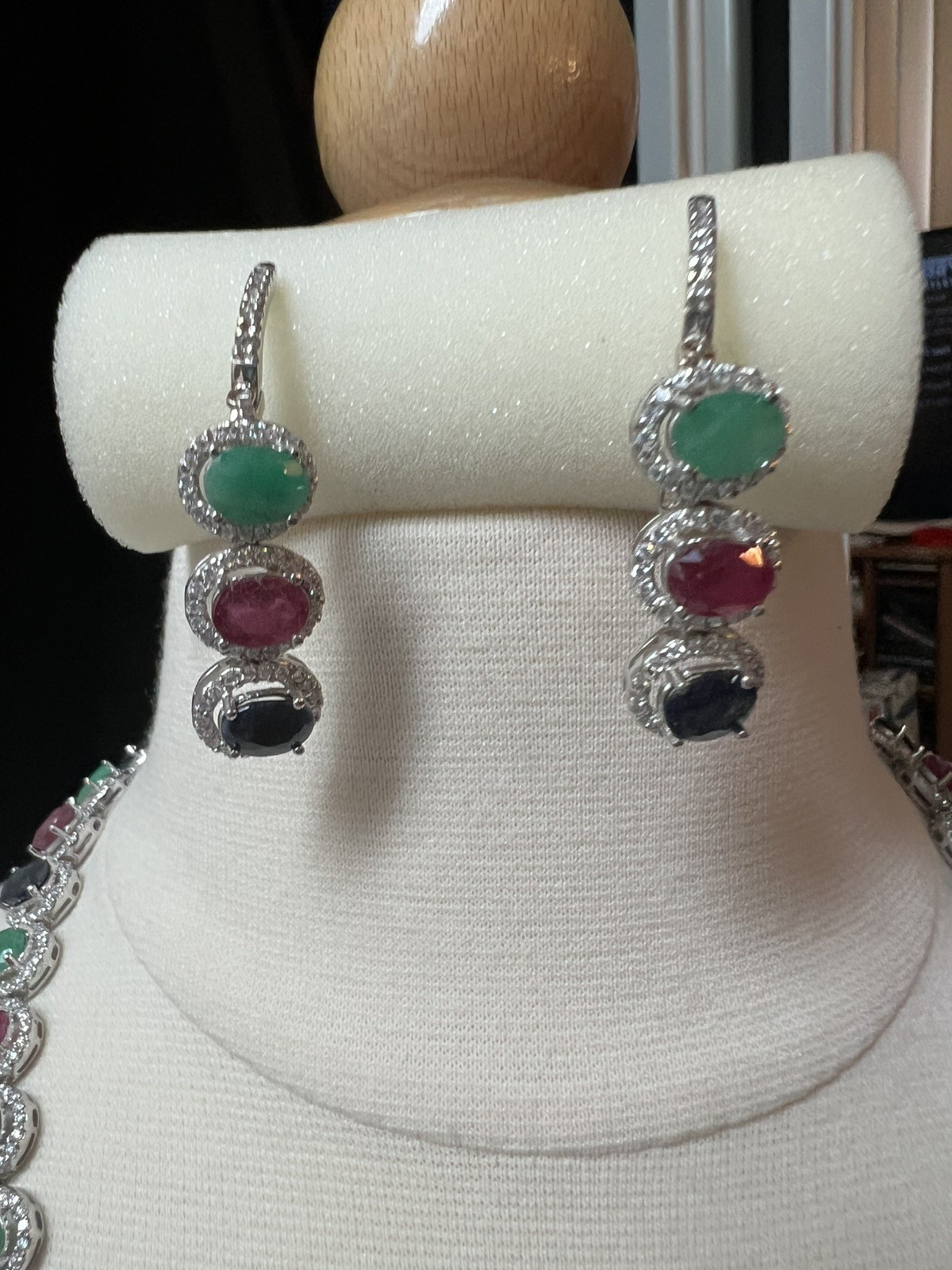 Cocktail Party Sterling Silver Red Green Blue Earring Necklace B/Rings Set Women