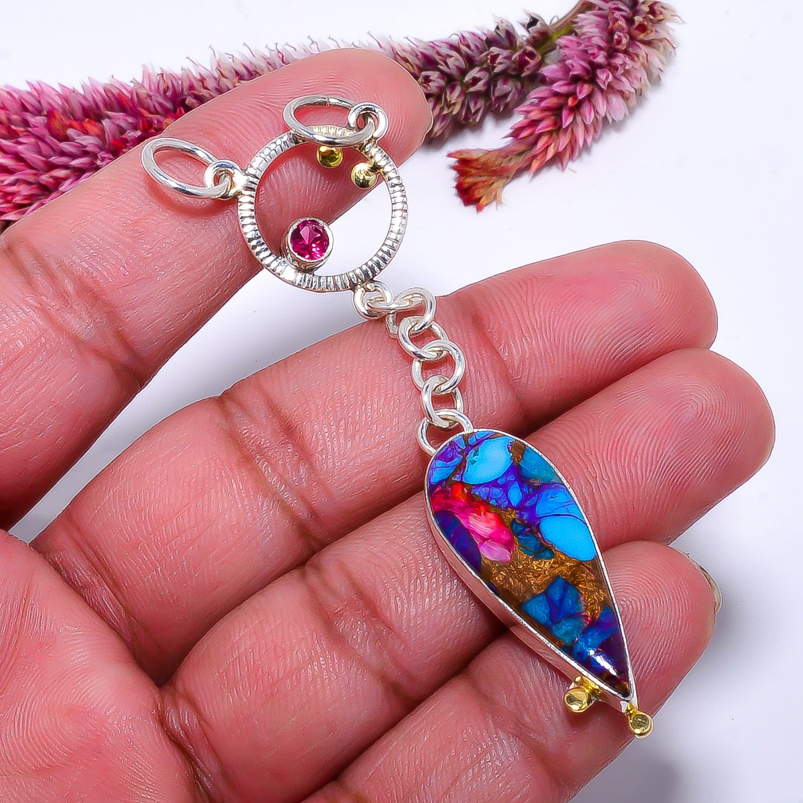Copper Purple Turquoise & Pink Tourmaline 925 Silver Pendant 2.93″ P10371114632