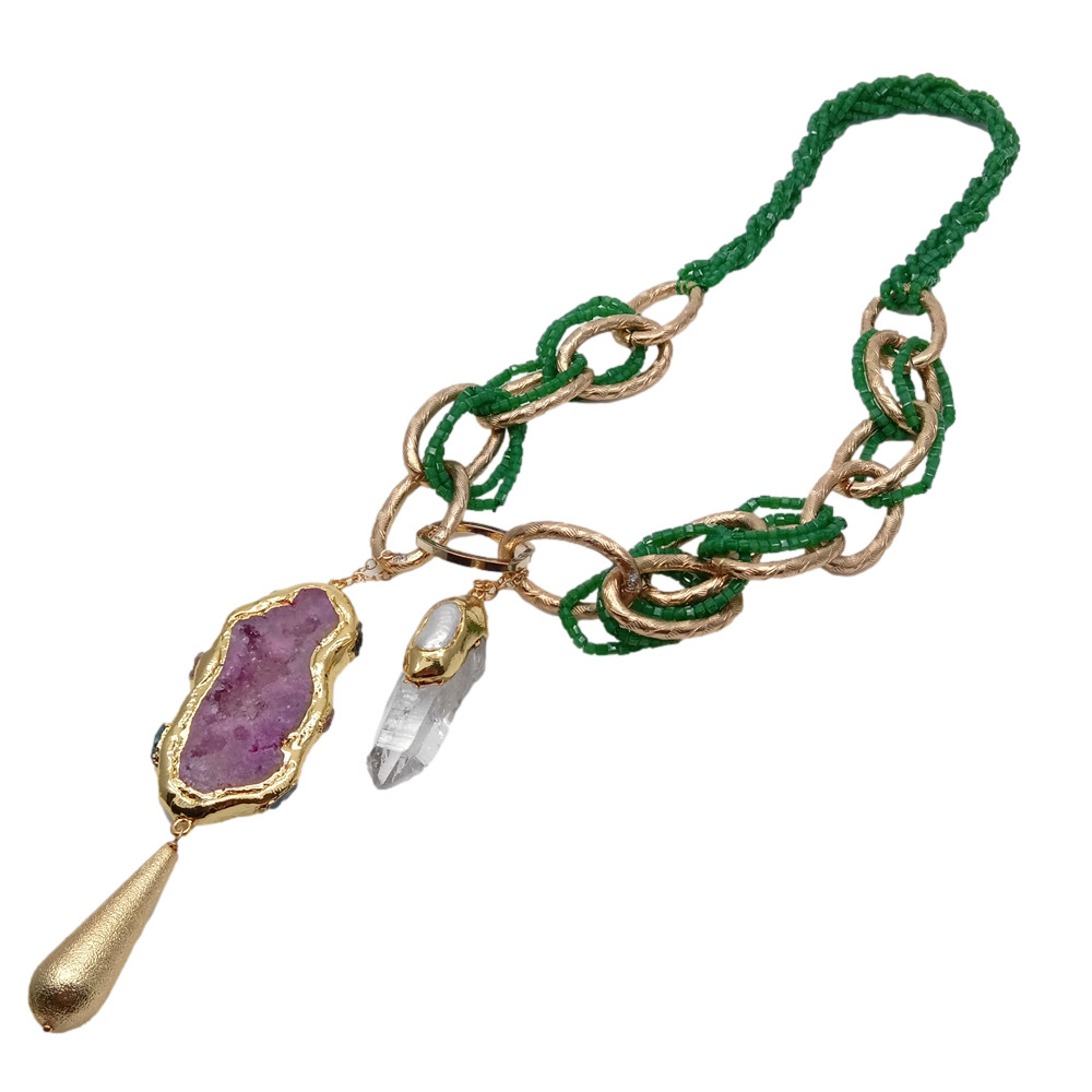 Green Crystal Necklace Fuchsia Agate Slice White Quartz Biwa Pearl Point Pendant