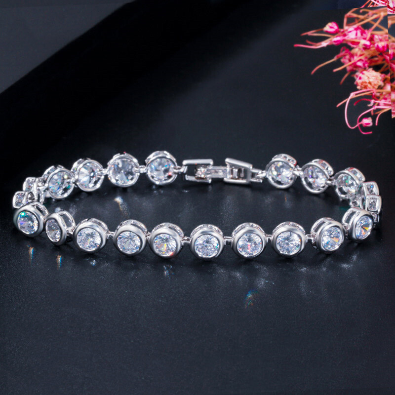 Gorgeous Gold Plated Colorful Round Cubic Zirconia Tennis Bracelet Women Jewelry