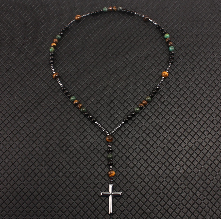 1pc Natural Stone Cross Pendant Necklace African Turquoise Tiger Eye – NEW
