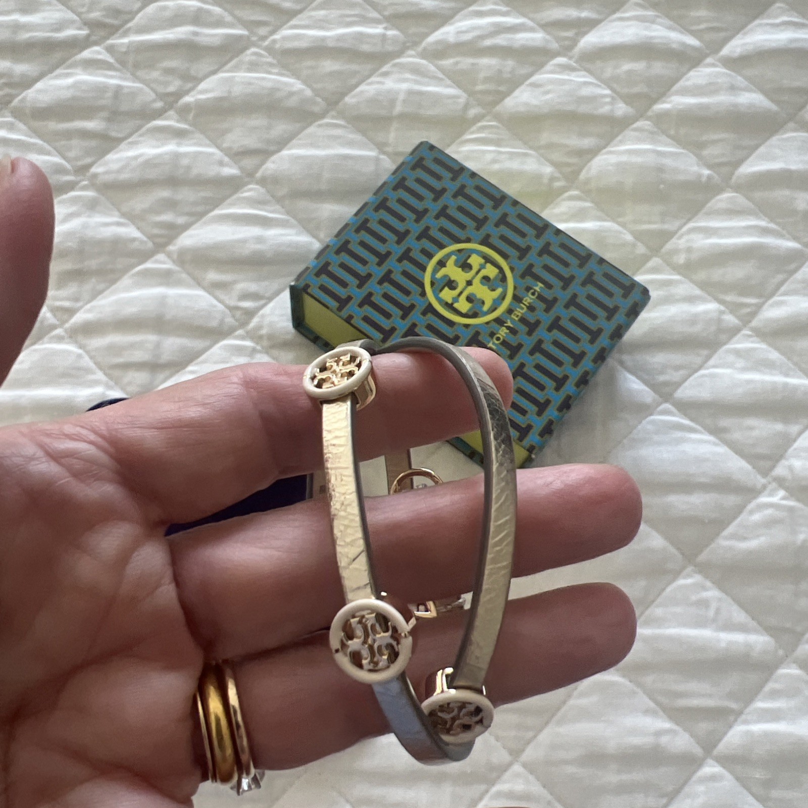 Tory Burch Gold Leather Double Wrap Bracelet Gold Logo Buckle Adjustable