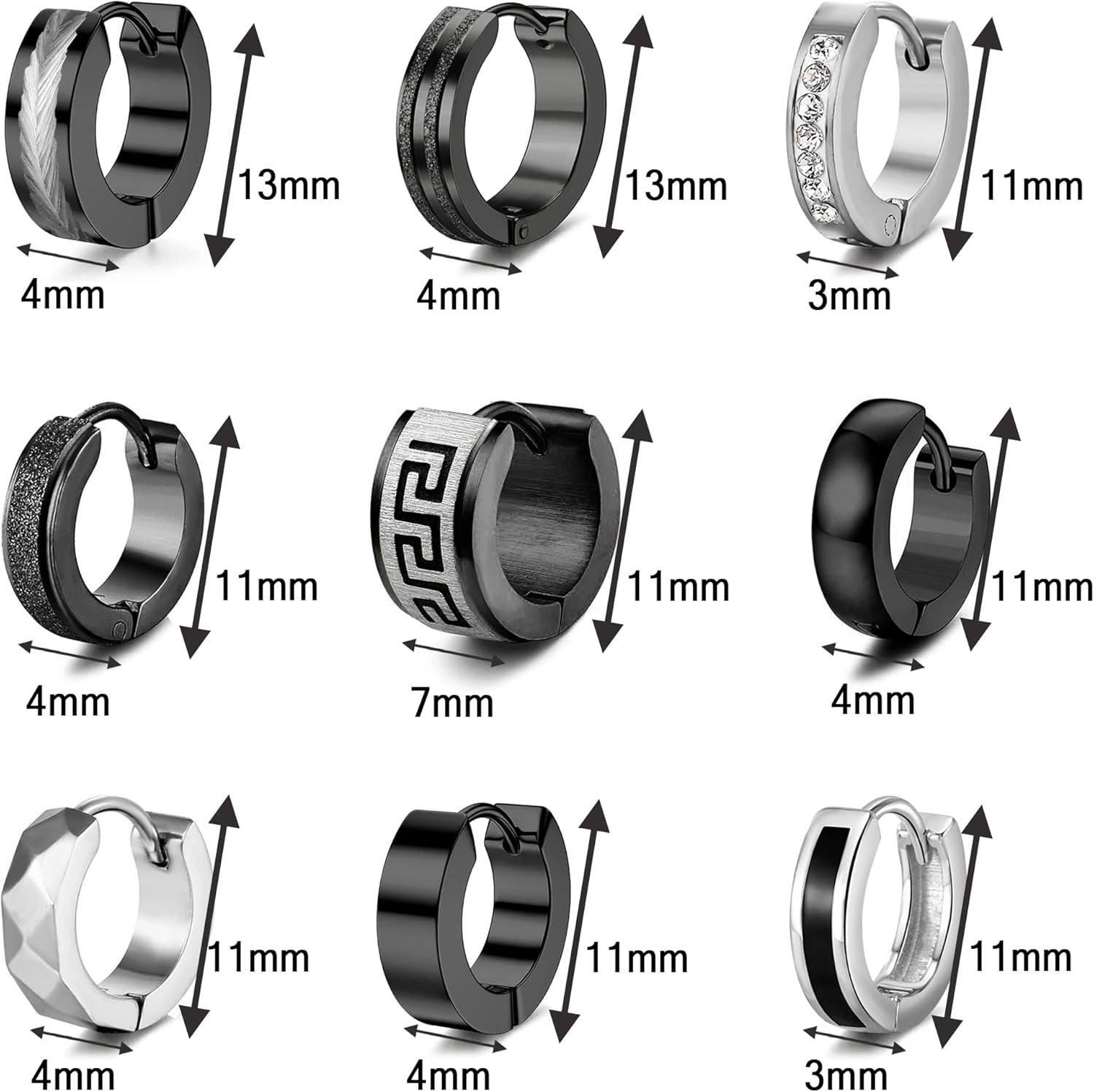 RIOSO 9Pairs Hoop Earrings for Men Stainless Steel Black Men’S Hoop Earring