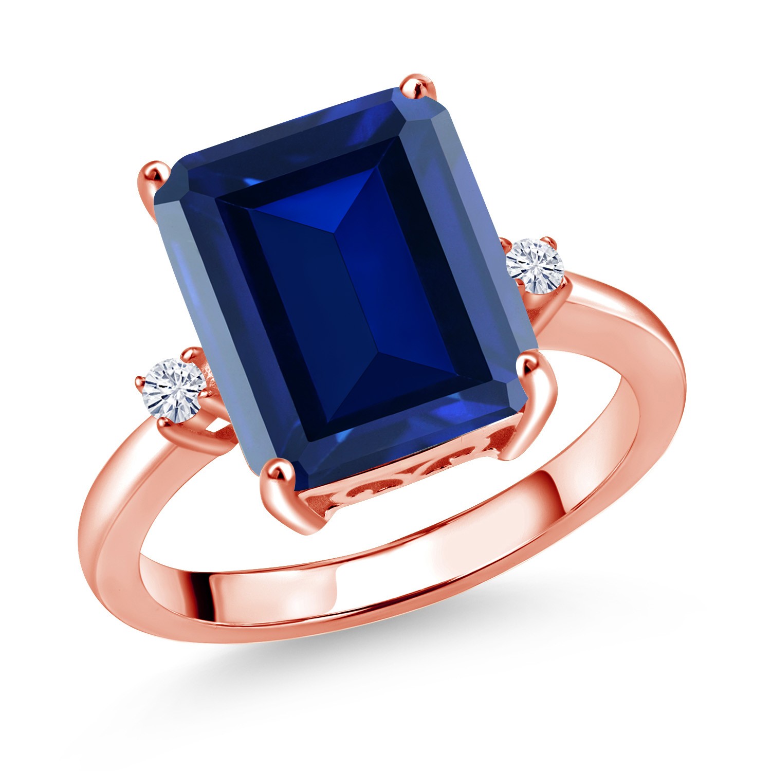 18K Rose Gold Plated Silver 3-Stone Ring Simulated Sapphire Moissanite (6.78