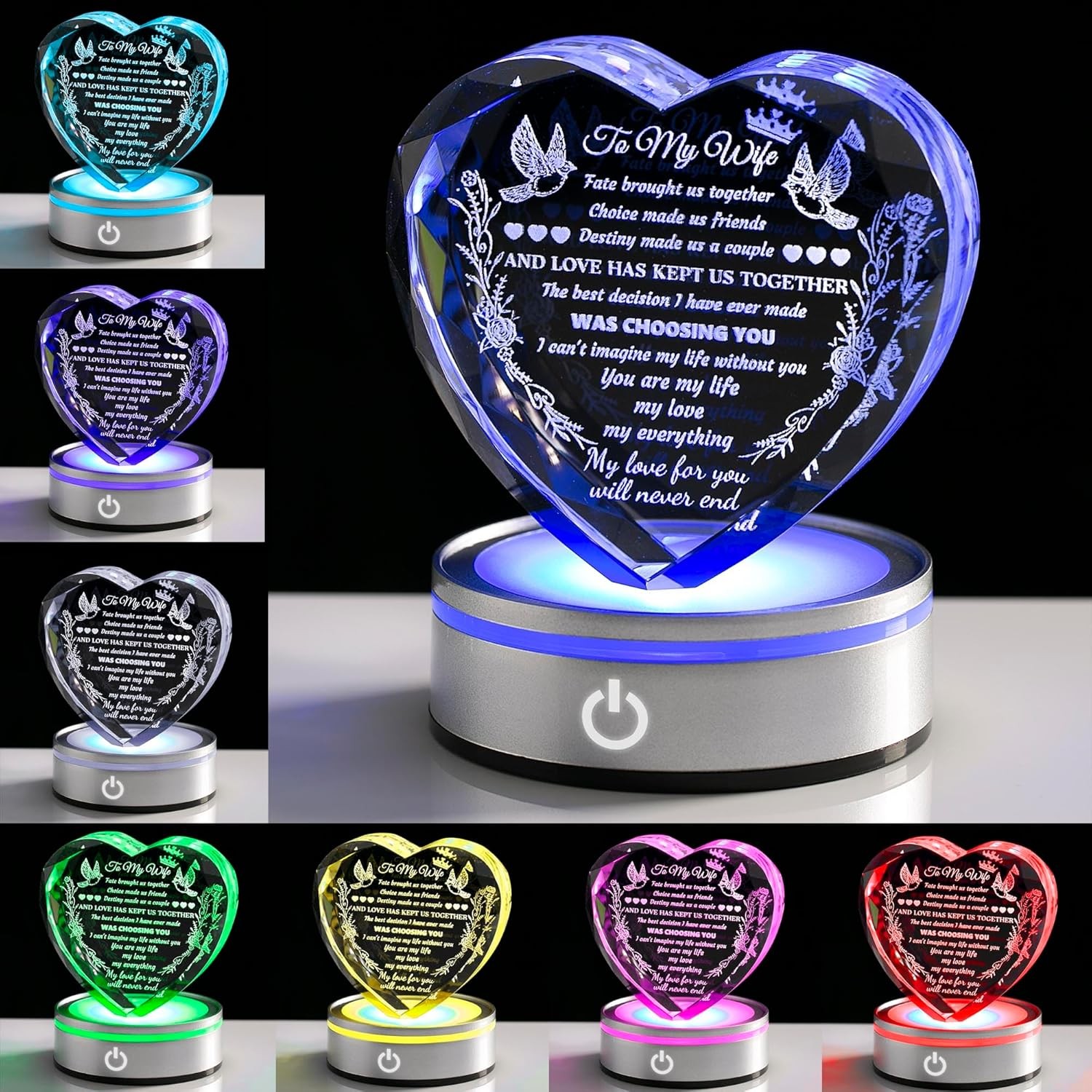 Gifts for Wife Crystal with Colorful LED Base, Anniversary Birthday Gifts for Wo