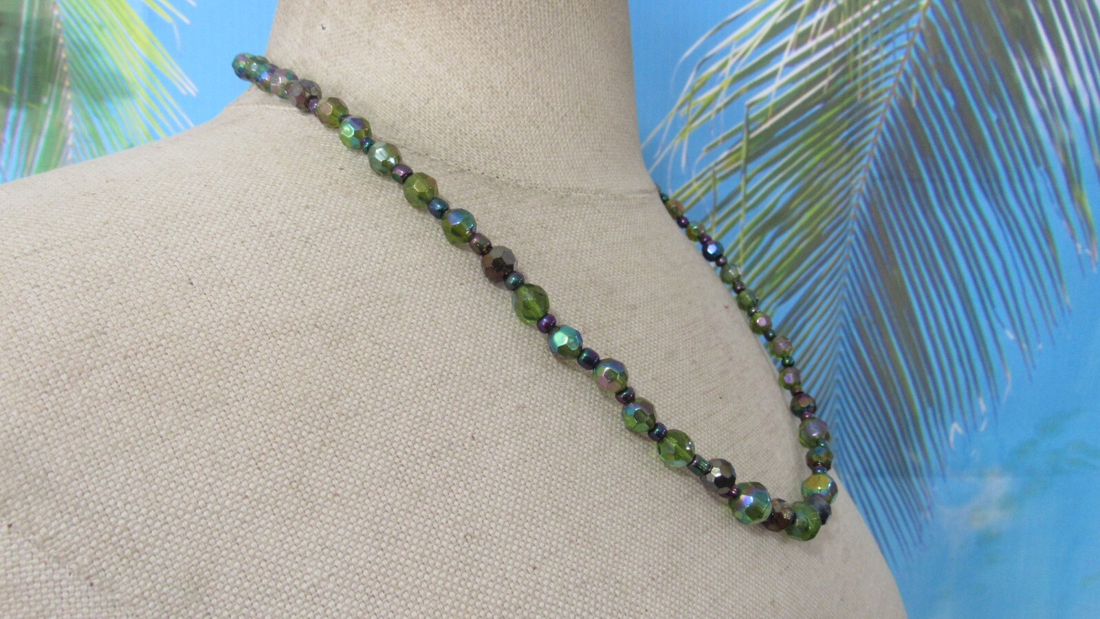 Necklace with a Strand of Green Based & Multicolor Small & Big Beads 23″