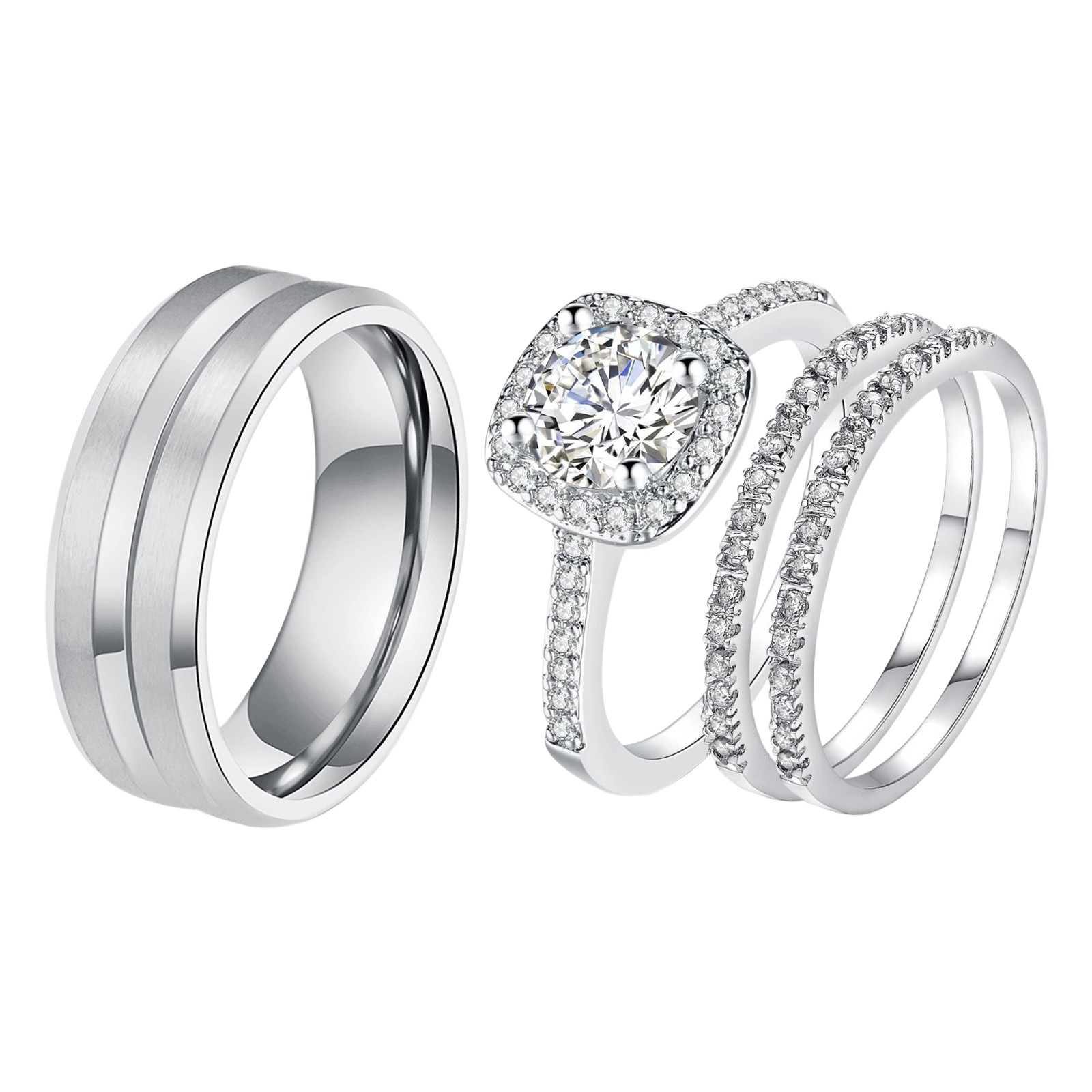 Couples Men Women Stainless Steel Ring Set Cubic Zirconia Stacking Wedding Band