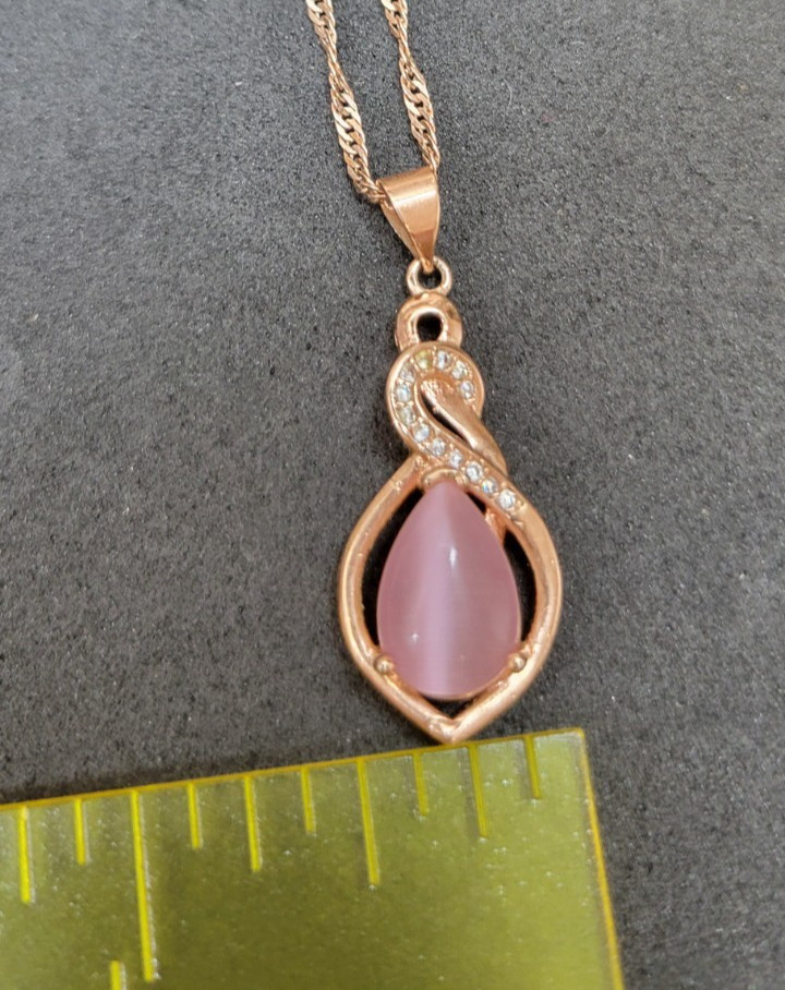 Aloha Moni Pink Opal Pendant and Cubic Zirconia Necklace and pink gold Chain 925