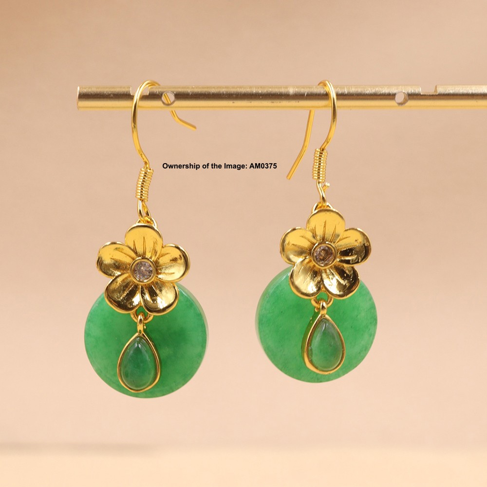 New Yellow Alloy Flower Women’s Heated Green Jade Dangle Earrings Hook Earrings