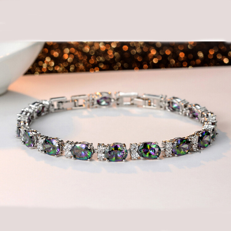 New Oval Rainbow Fire Mystic Topaz Charm Women Holiday Jewelry Silver Bracelets