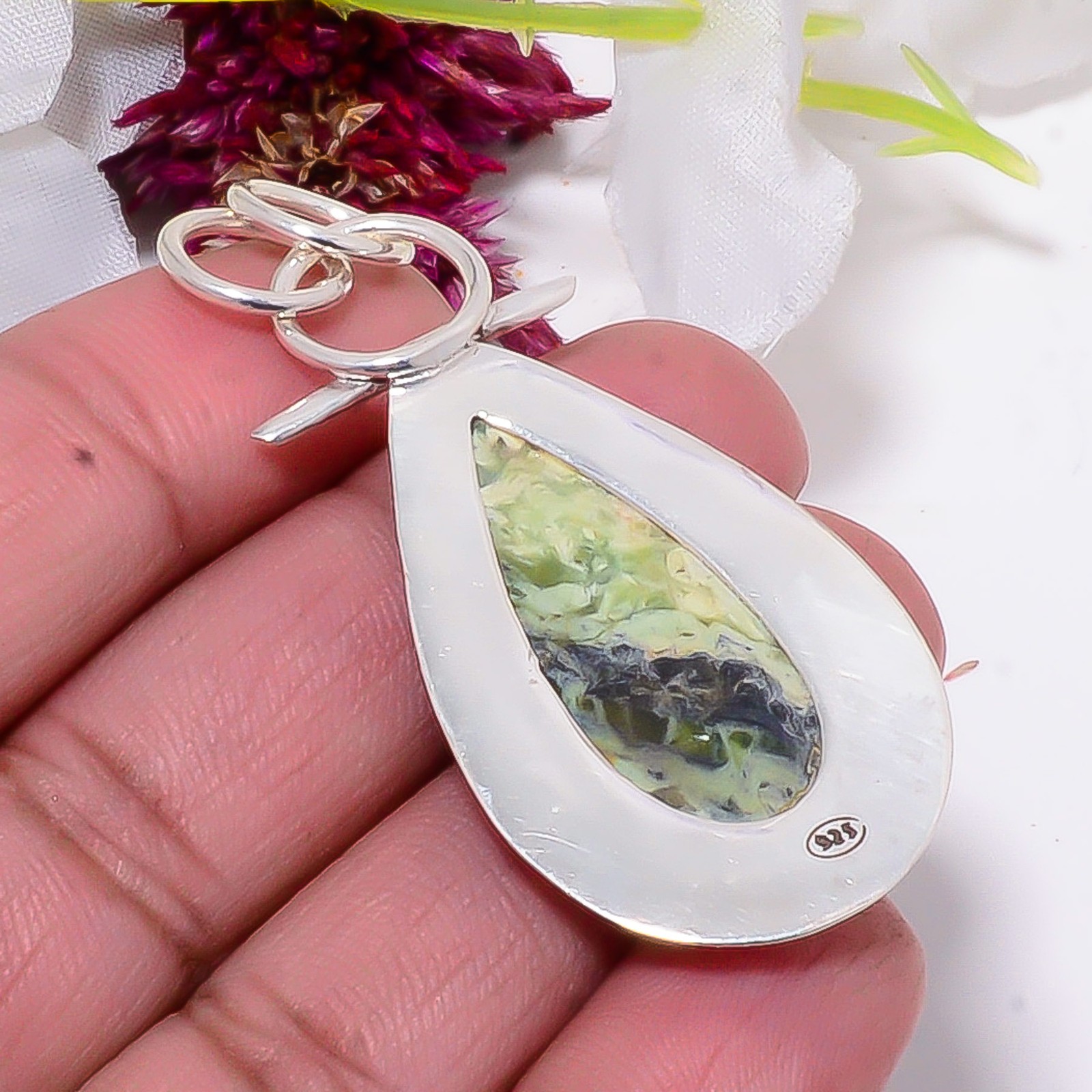 Chrome Chalcedony 925 Sterling Silver Two Tone Designer Pendant 1.95″ Sku24
