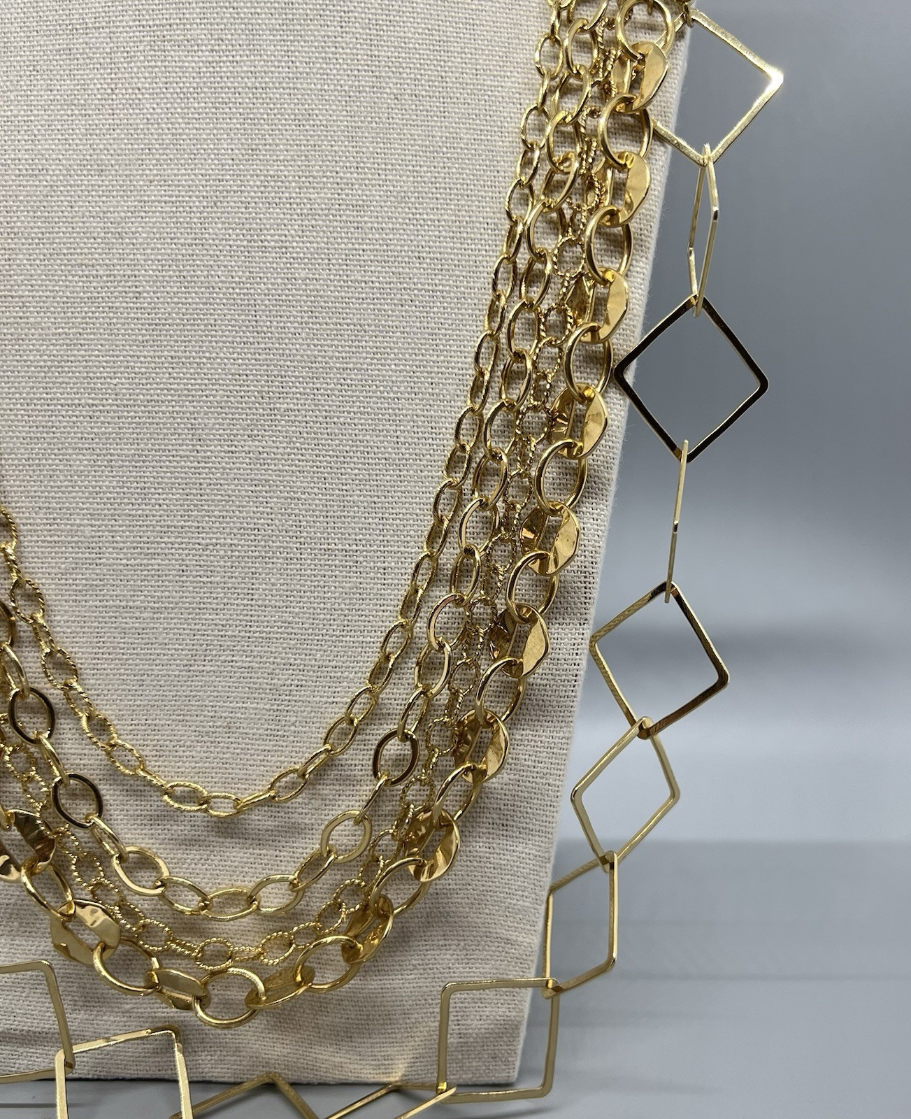 Bold Multi-Strand Gold Tone Statement Necklace Open Geometric Link Layerer