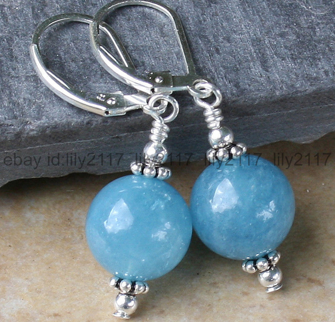 Handmade 12mm Blue Chalcedony Gemstone Round Beads Silver Dangle Earrings