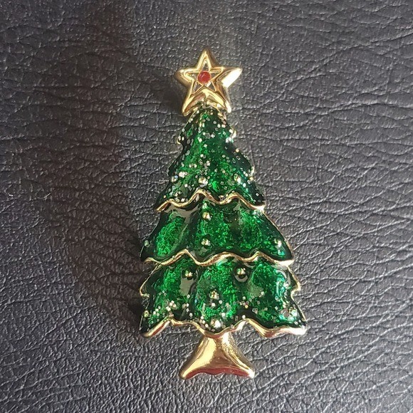 Monet Christmas Tree Brooch Green Enamel Gold Tone Glitter Star Holiday Pin