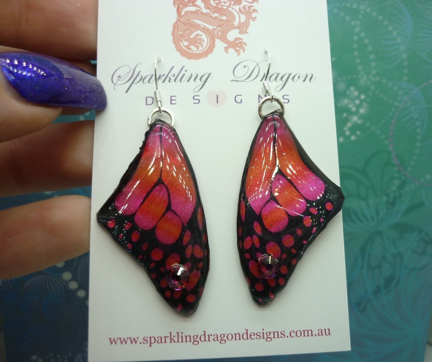 Butterfly Wing Earrings Swarovski Jeweled Red Pink & Orange – Fairy Jewellery,