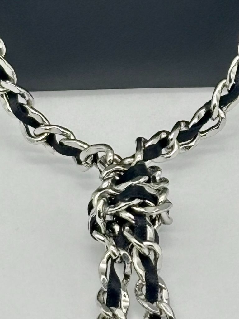 White House Black Market Silver-Tone Links W/Black Ribbon Double Tassel Necklace