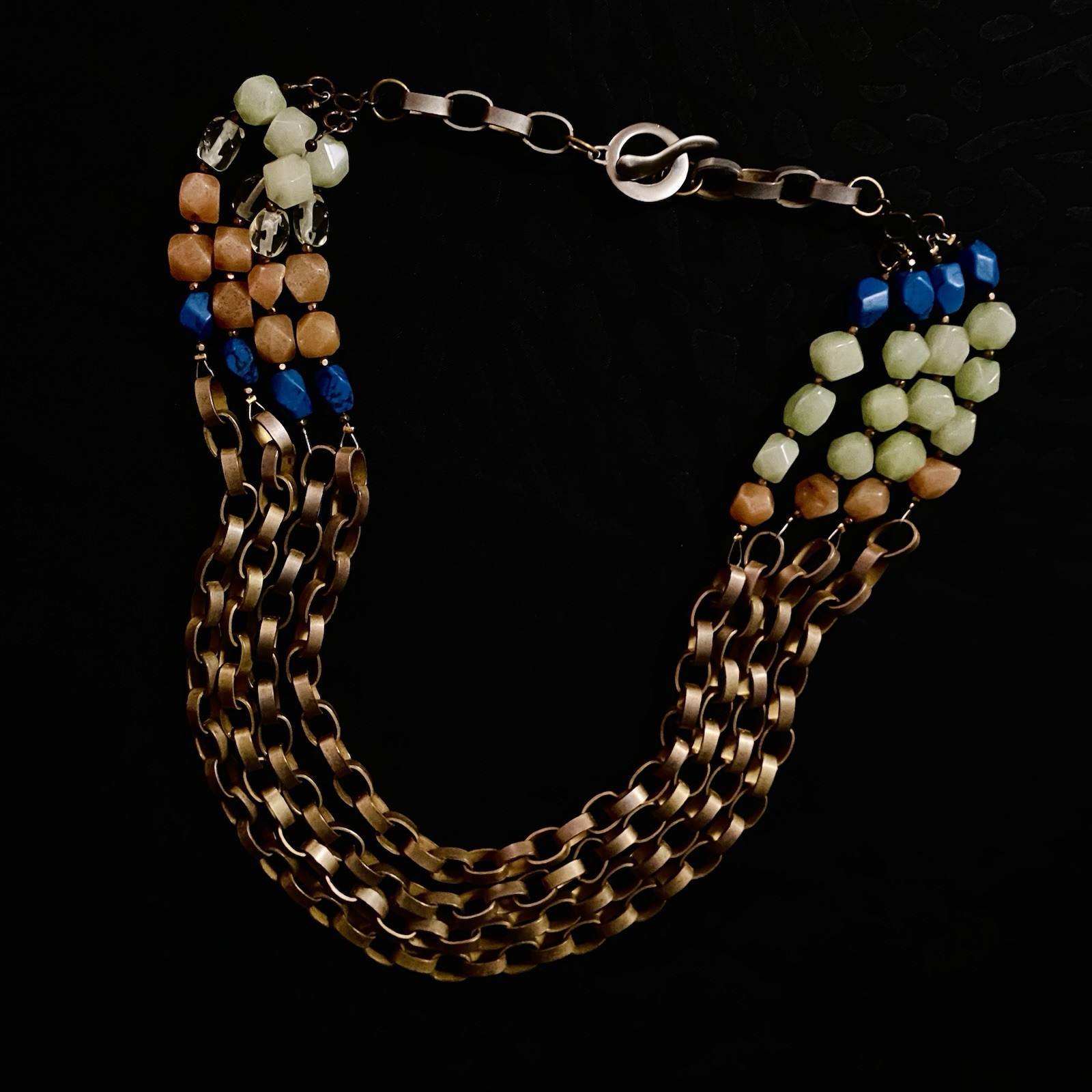 Layered Multi-Strand Bronze Chain Necklace + Blue/Peach/Mint Faceted Beads
