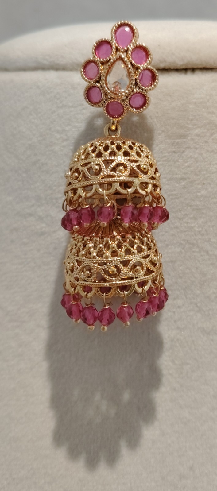 Dual Layer Gold Tone Jhumka Earrings with Ruby Pink Stones Crystal Roz Jewellers