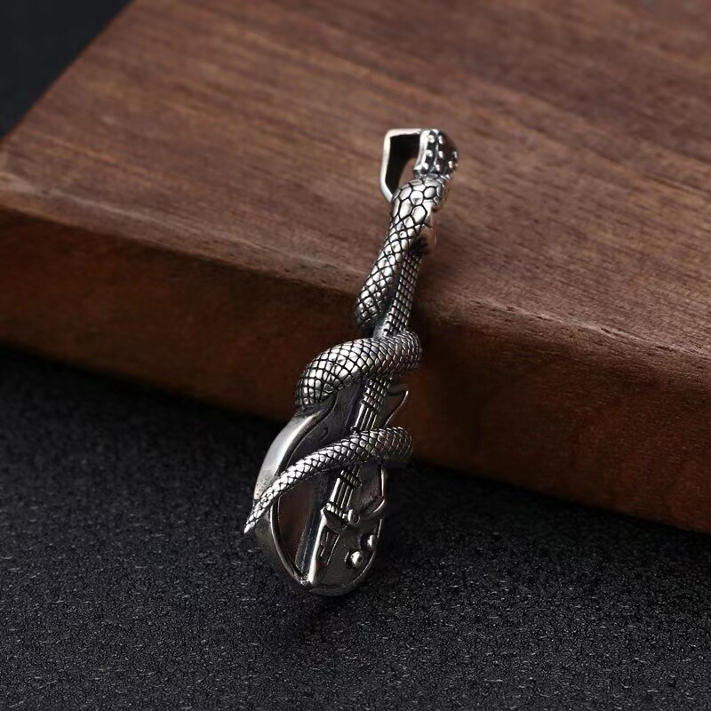 Silver Snake Guitar Pendant Necklace Men’s Punk Rock Jewelry Chain 24″ Gift