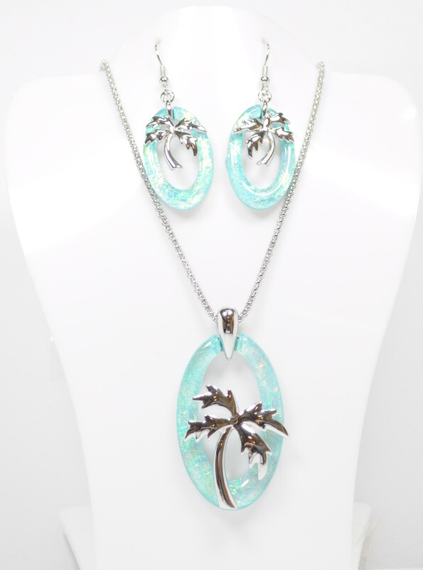 Resin Jewelry Necklace, Pendant, and Earring Set – Metal Alloy Oval Palm Tree