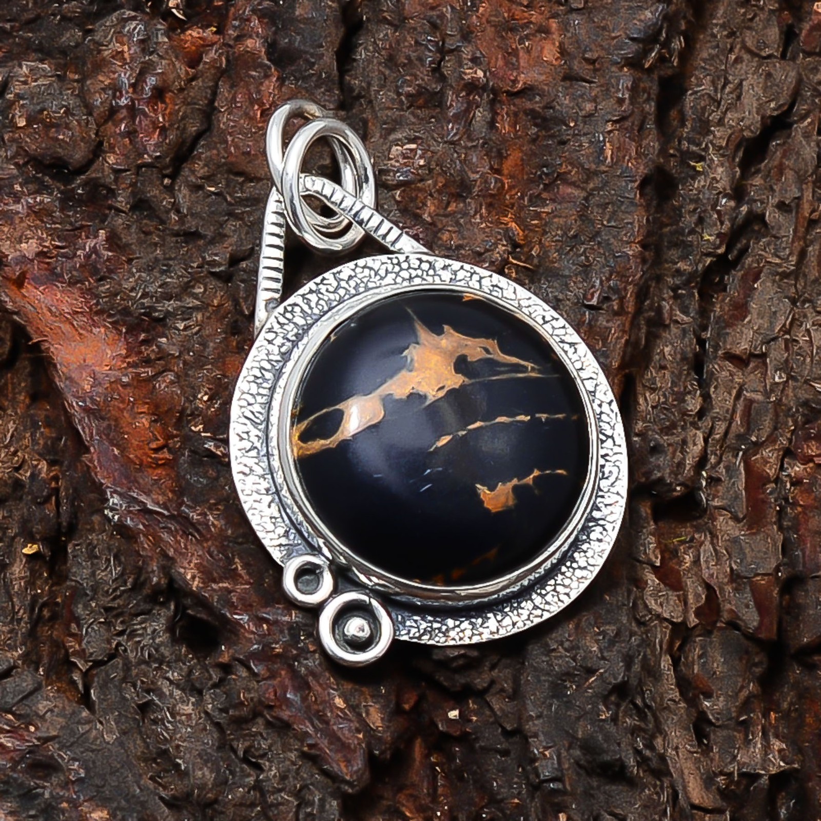 Copper Black Turquoise Designer Handmade 925 Sterling Silver Pendant 1.4″ P34