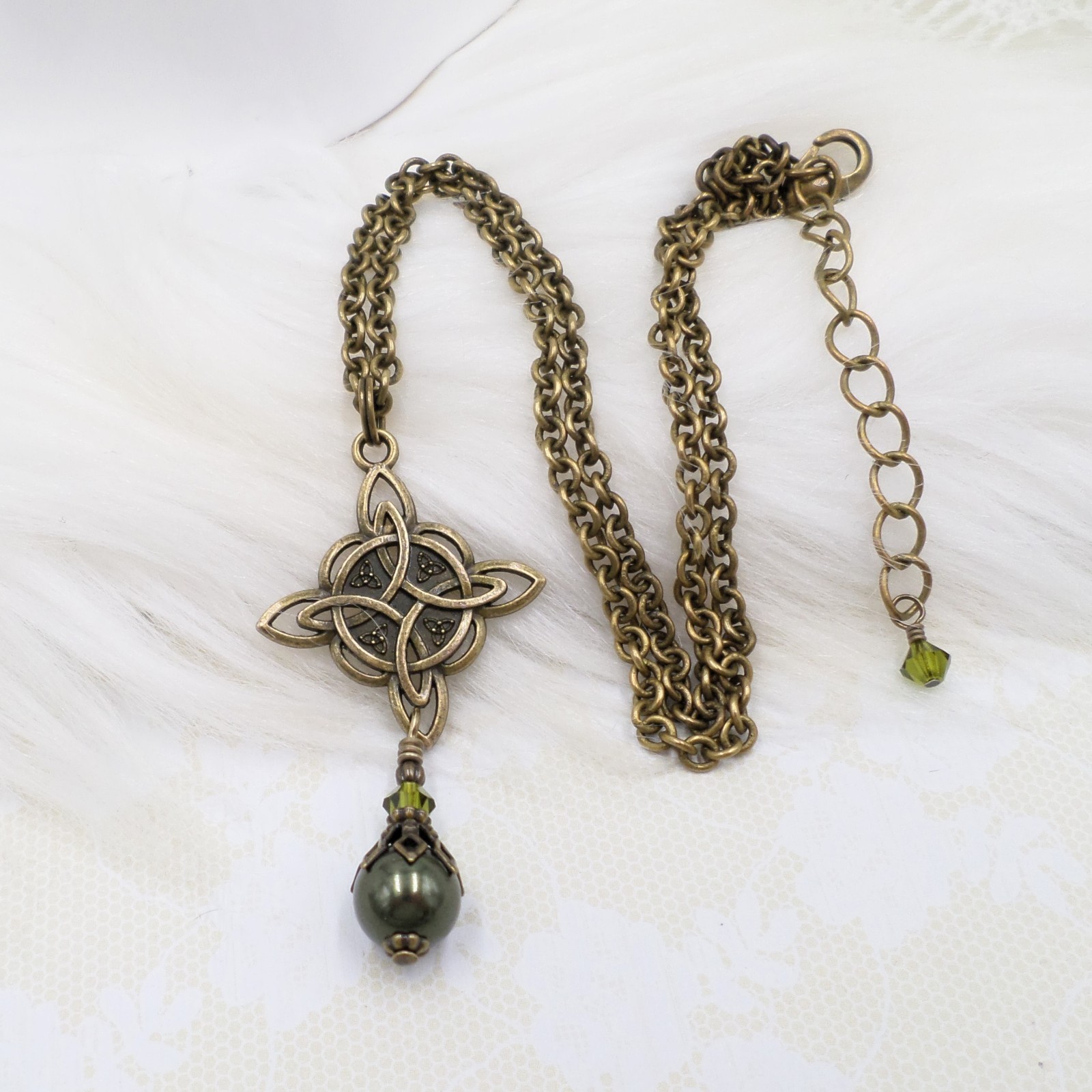 Celtic Knot Necklace, Green Bead Antique Brass Witch Knot Handmade Jewelry