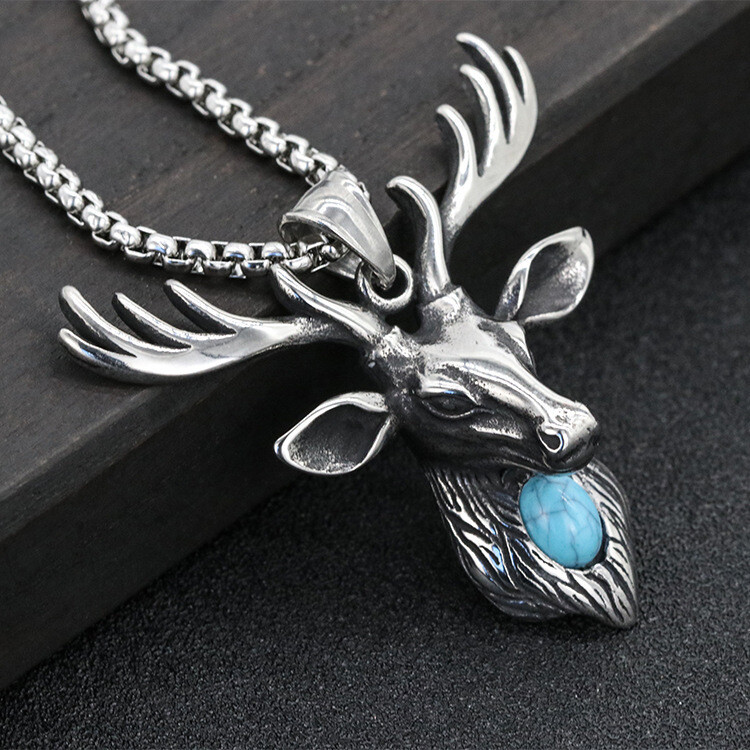Mens Turquoise Deer Head Antler Pendant Necklace Animal Jewelry Box Chain 24″
