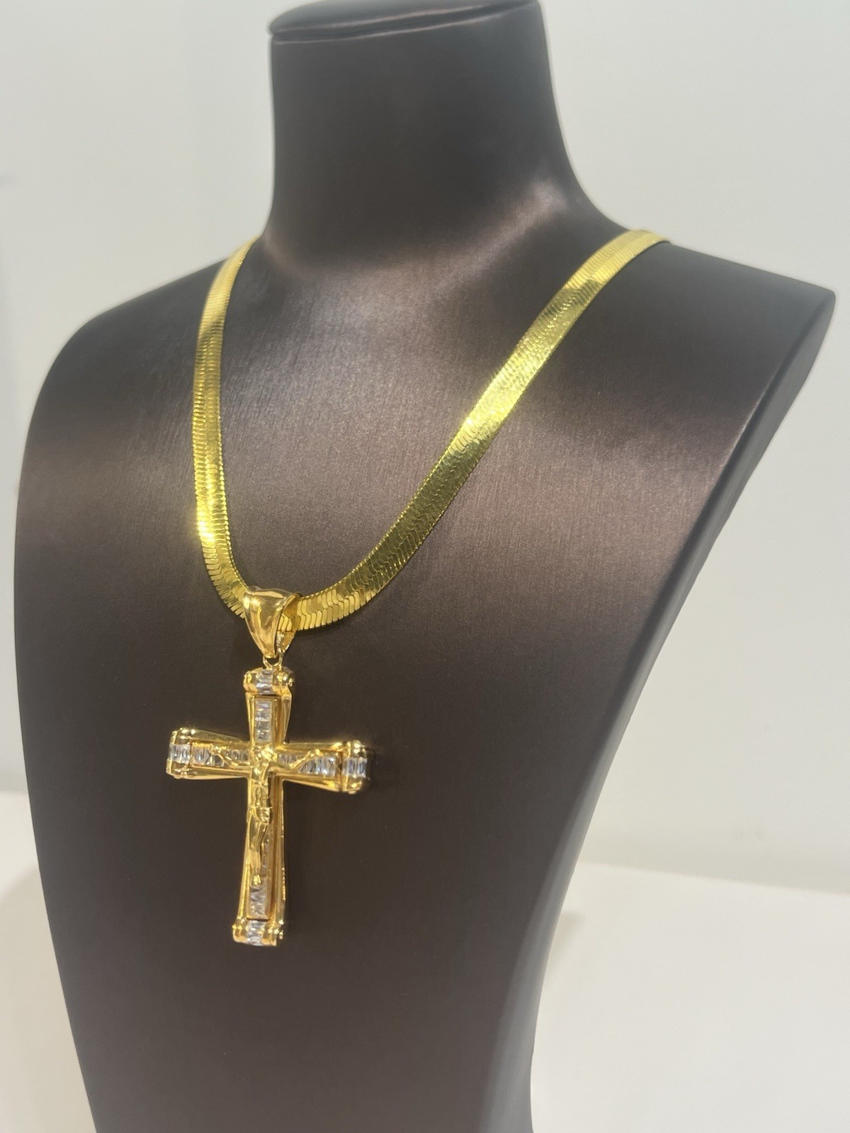 Gold Plated, Cross, Pendant, Necklace, Cubic, Zirconia, Cz Herringbone Chain