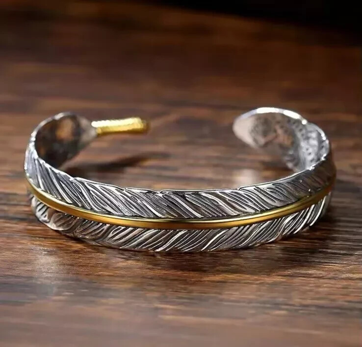 Vintage Silver Feather Cuff Bracelet Adjustable Unisex Bangle Symbol of Hope